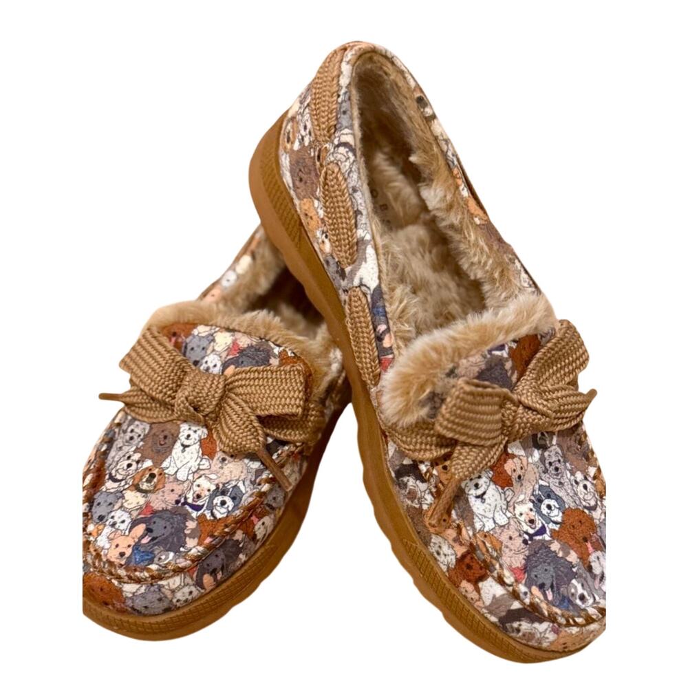 BOBS Skechers Womens Size 8 NWT Woof Warmers DOG PRINT Moccasin Slippers